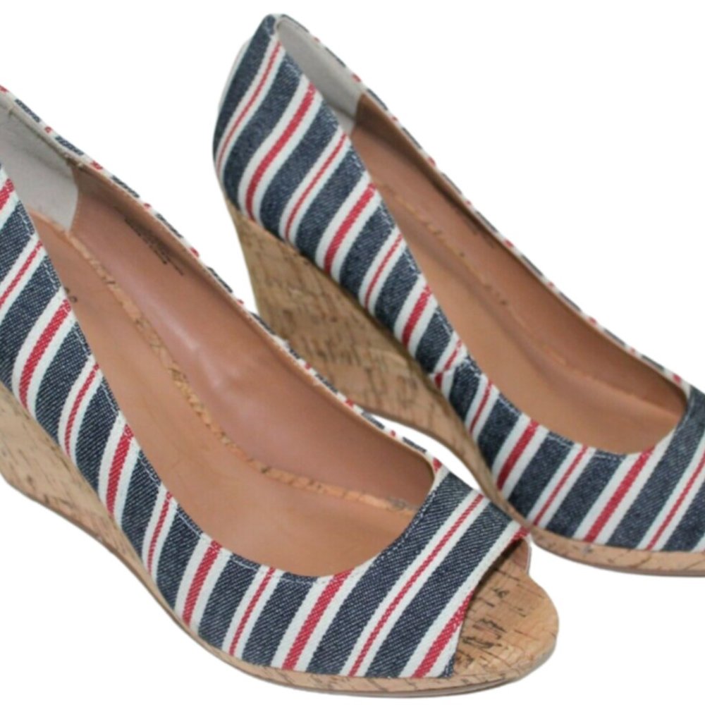 CASLON Devin Navy Red Striped Wedge Peep Toe Heels Womens Size 7.5 7.5M NEW